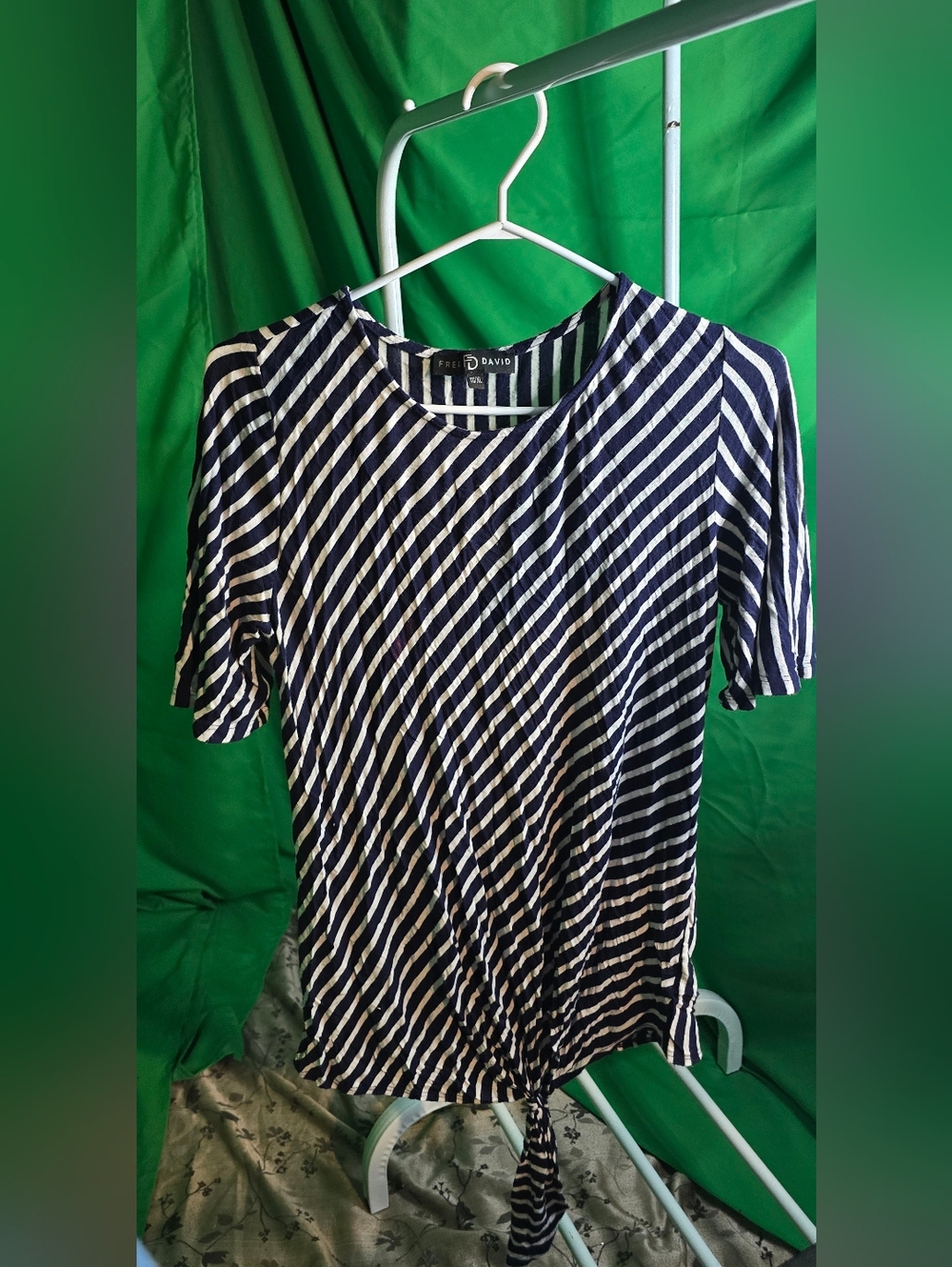 Fred David Navy and White Diagonal Stripe Tie-Hem Short Sleeve Tee